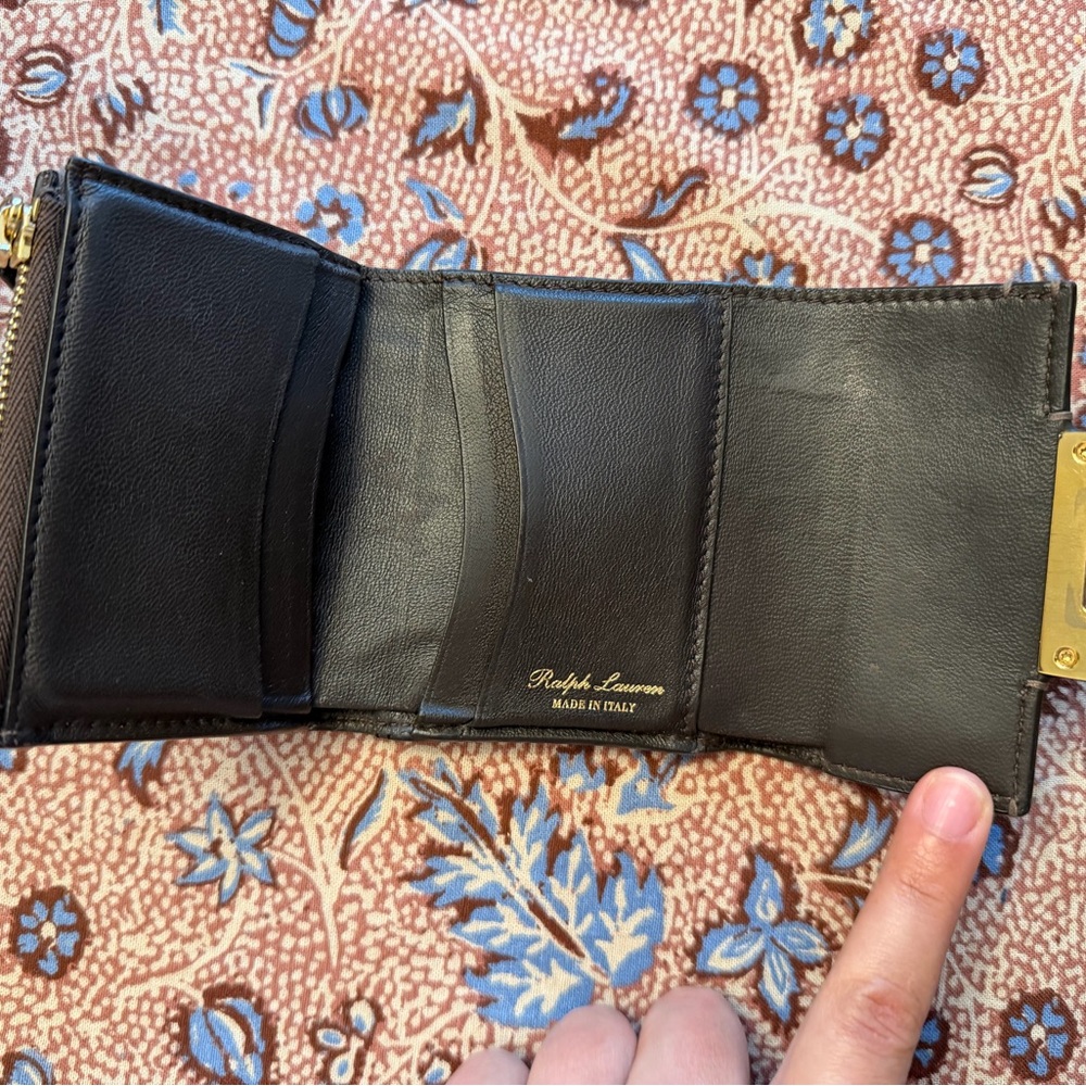 Warm Taupe Genuine Leather Ralph Lauren Tri-Fold Wallet with Gold Closure - Picture 2 of 6